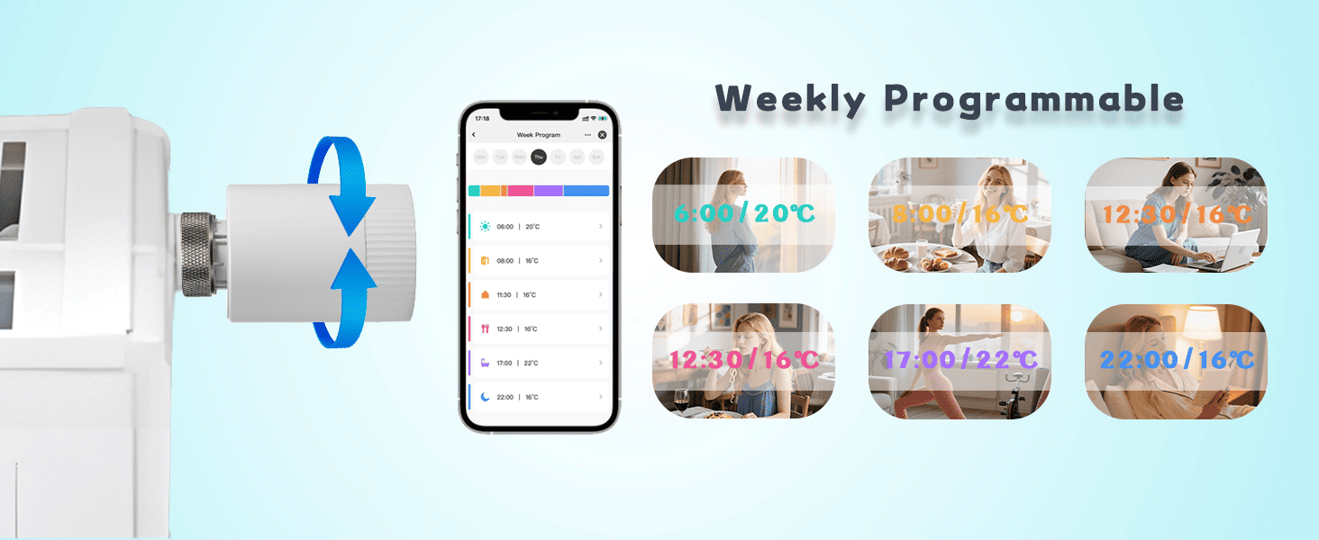 Programmable modes, personalised settings, daily heating schedules, DIY