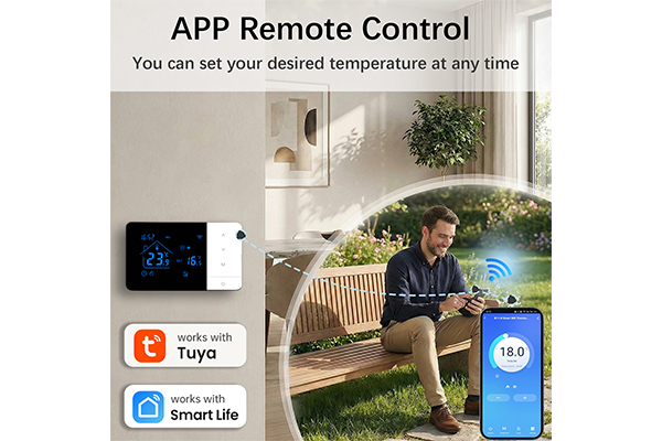 WiFi-enabled smart gas boiler thermostat; programmable wall-mounted digital thermostat; supports cooling and heating; compatible with Alexa and Google Assistant